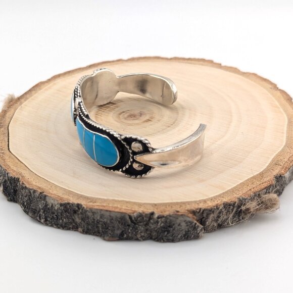 Handmade Zuni Cuff Bracelet Nevada Turquoise Inlay Sterling Jewelry Sz 6.25in. * - Picture 4 of 9